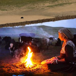 woman kneeling by fire in front of grazing cows