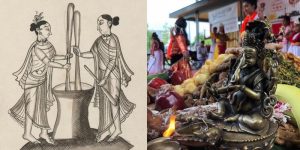 collage of illustration of indian women and photo of small statue